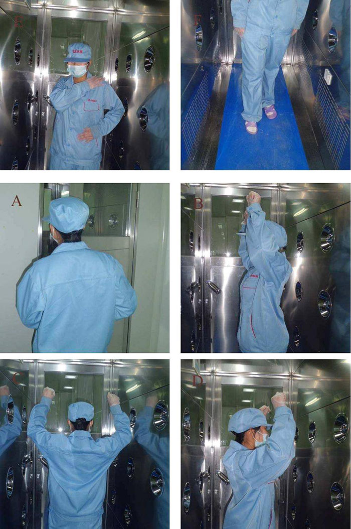 進入風淋室風淋結(jié)束后，風淋結(jié)束后應及時脫下防護服和鞋帽，并按照規(guī)定進行廢棄或清洗。